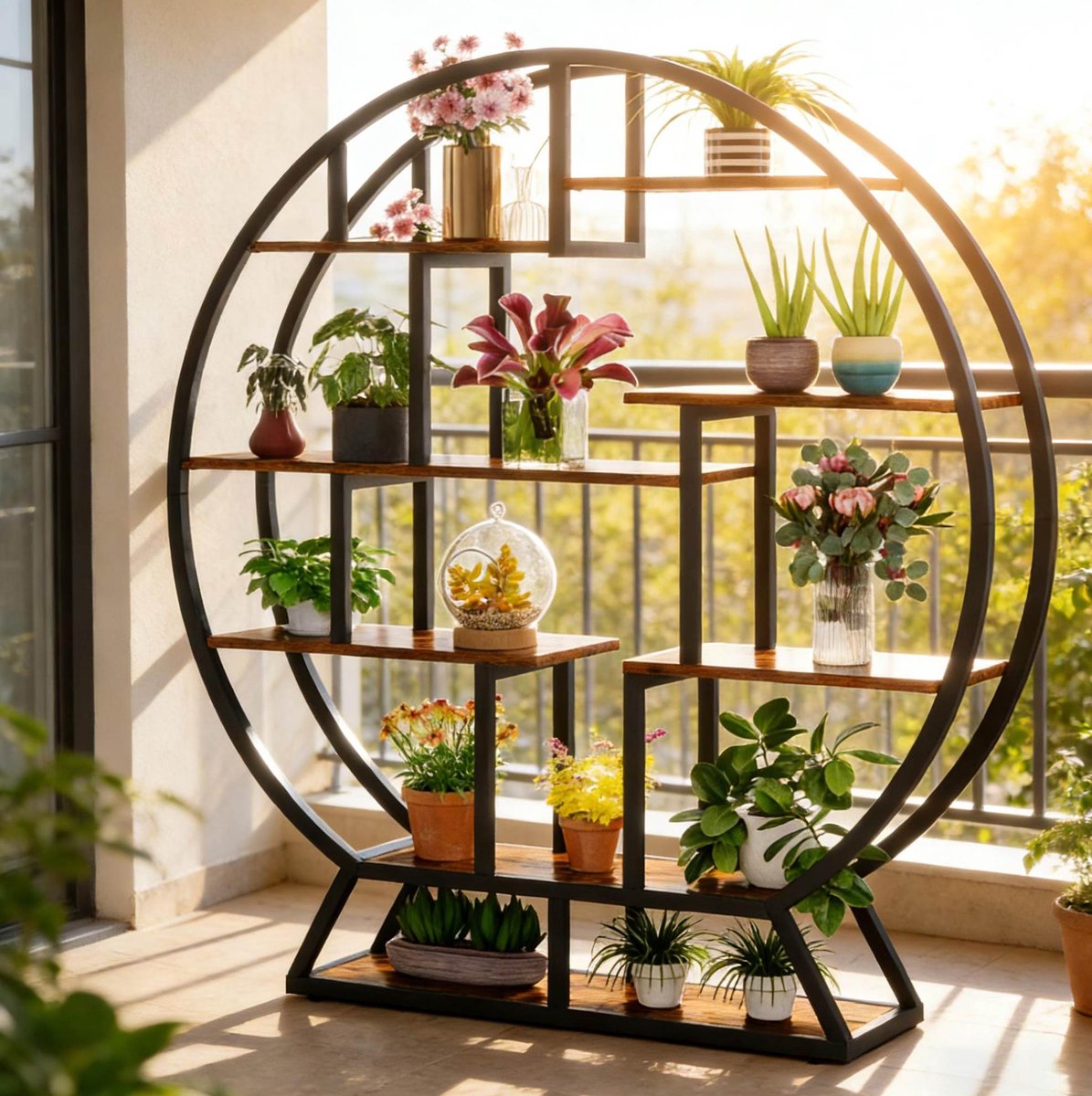 HAUSS SPOLE Boekenkast – 150 X 30 X 158 Cm – Ronde Open Kast Met 8 Planken – Metaal En Hout – Zwart En Rustiek Bruin – Voor Planten En Decoratie