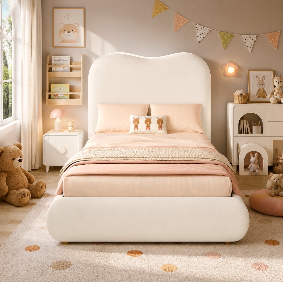OKWISH Gestoffeerd Kinderbed 90x200 cm - Hydraulisch Eenpersoonsbed Met Lattenbodem En Opbergruimte - Zonder Matras - Fluweel - Beige