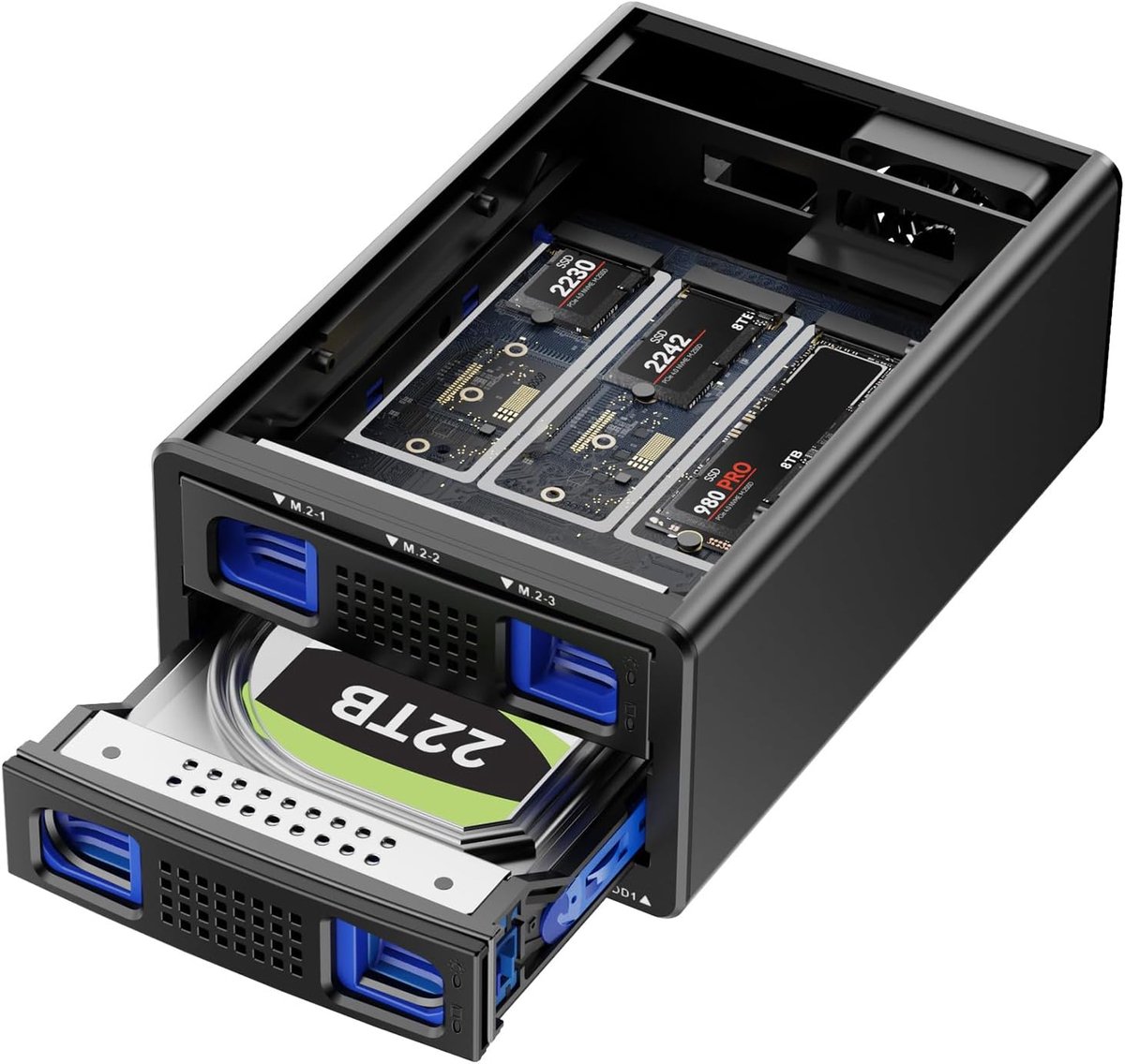 SnelShoppen - Hybrid HDD+M.2 NVMe Enclosure 1x3.5" SATA + 3xM.2 2230/42/60/80/110 met USB A/C 3.2 Gen 2 - Ondersteunt tot 46TB Opslag met Ventilator
