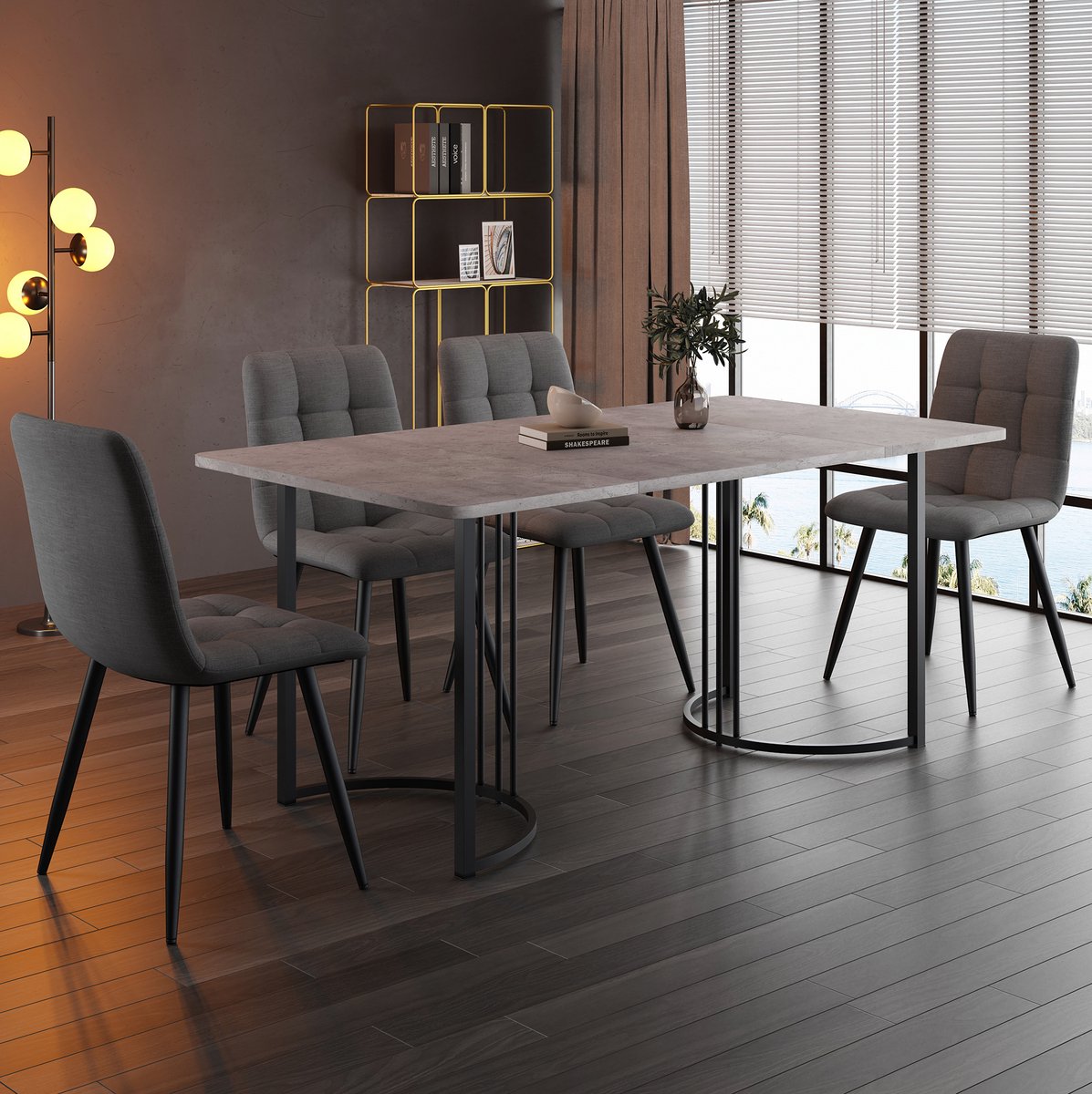 MEUNIQ 5-delige eettafelset met 4 stoelen, 140 x 80 cm eettafel, grijs tafelblad met marmerlook, zwarte metalen poten, modern voor eetkamer of keuken