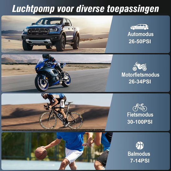 EAFC Compressor Bandenpomp - Elektrische Fietspomp - Draagbare Luchtcompressor - Fiets/Auto/Motor/Bal/Luchtbed - Met SOS functie - Tot 10.3 bar -4500 mAh — afbeelding 2
