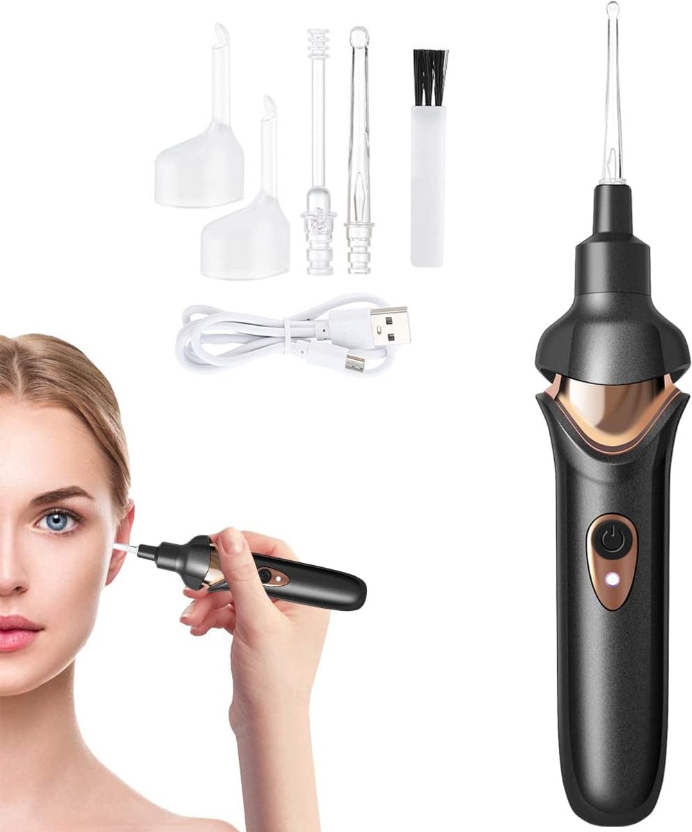 Elektrische oorplectrum - Oorreiniger - Oorreinigingsgereedschap - Oorwasverwijderaar met zuigfunctie - Elektrisch - Met LED-verlichting - Draagbaar - Oplaadbaar via USB - Veilig voor volwassenen en kinderen - Zwart - 200mah