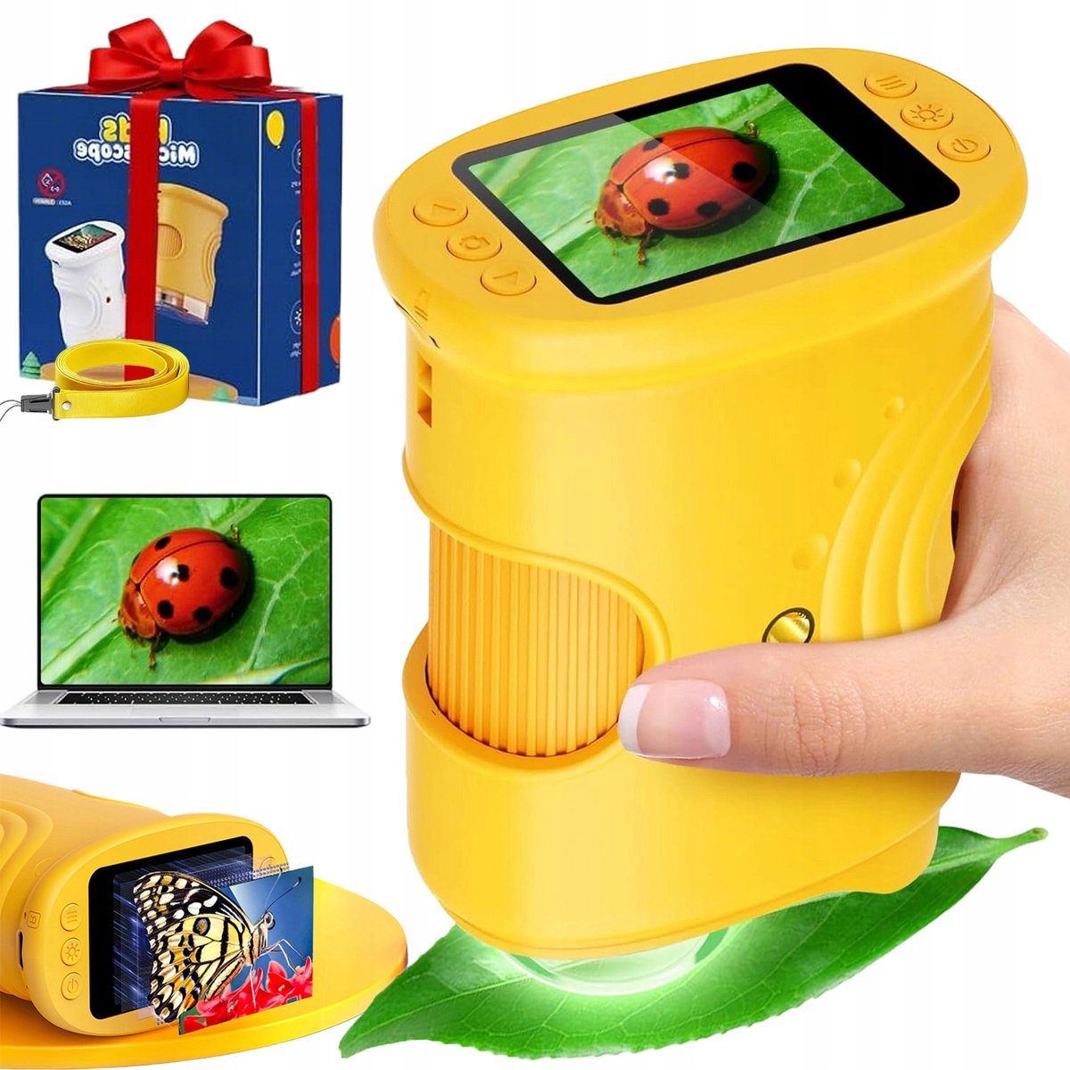 Handdigitale microscoop voor kinderen 1000x vergroting, 2MP resolutie, 8 LED-lampen en 32GB opslag, perfect educatief cadeau