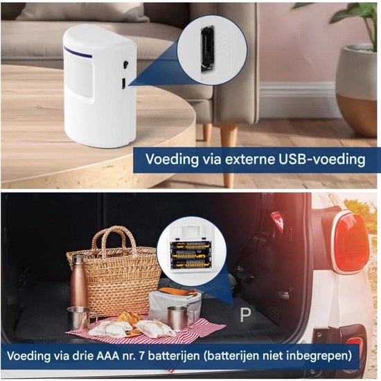 GELLDG 2 Stuks Bewegingsmelder - Draadloze Deurbel Set - 38 Melodieën 3 Volumes Blauwe LED - Geschikt voor Binnen Buiten Gebruik - ABS Materiaal - Ontvanger 75x80x33mm Zender 80x59x45mm - 50-100m Bereik USB Oplaadbaar — afbeelding 5