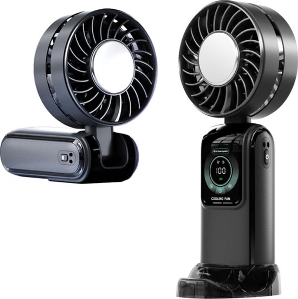 Draagbare handventilator uit één stuk met standaard en draagkoord, oplaadbare USB-C-batterij, 5 snelheden, LED-display, mini-ventilator geschikt voor reizen, strand, cruiseschepen, concerten en buitenactiviteiten (zwart).