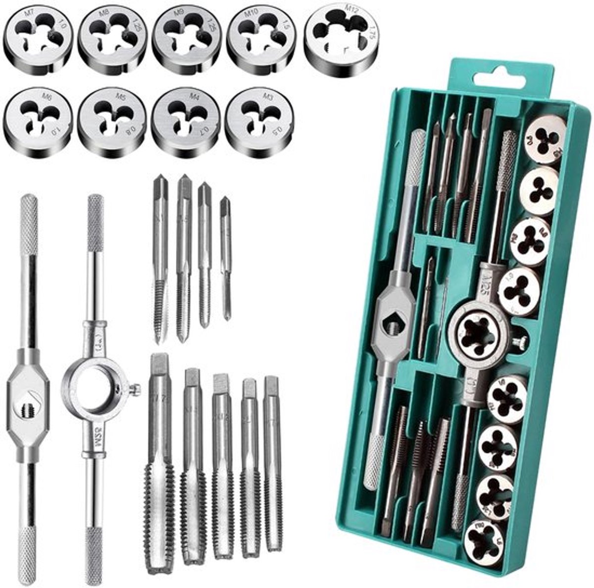 Schroefdraadsnijset 20-delig - M3/M12 Draadsnijder - Hoge Precisie - Gereedschap - Premium Kwaliteit - Duurzaam Roestvrij Staal - Draadsnijgereedschap