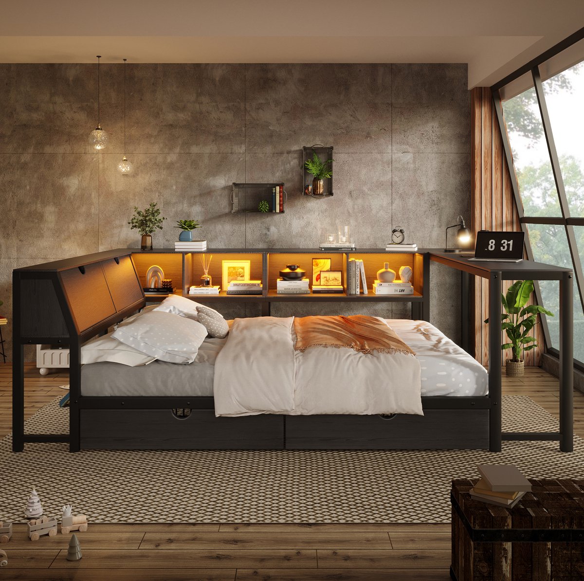 Metalen Bed 140x200 cm - Met Ledverlichting En Bureau - Opklapbaar Hoofdbord Met Opbergruimte En Lades - Industriële Stijl - Zonder Matras - Zwart