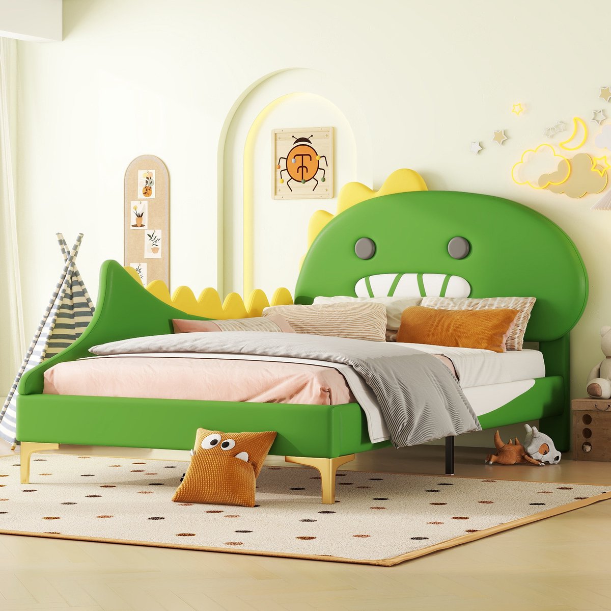 COVREO Kinderbed 90x200 cm groen – cartoon dinosaurus, PU en MDF, lattenbodem