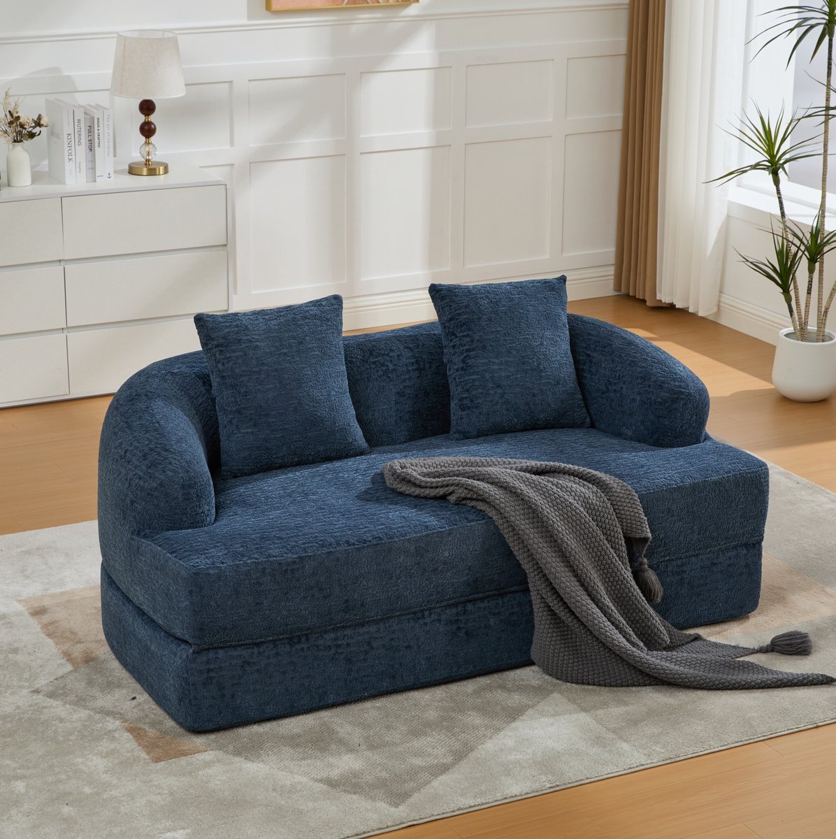OKWISH Slaapbank 157 x 84 x 65 cm - 2-Zits Uitklapbare Slaapfunctie Met 2 Rugkussens - Voor Woonkamer En Gastenkamer - Chenille - Marineblauw