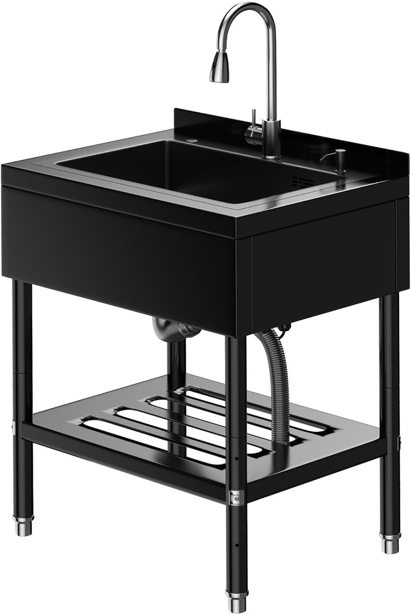 SnelShoppen - RVS Keukensink 65x53cm, Vrijstaande Spoelbak 1 Kom, Commerciële Sink met Kranen en Warm & Koud Water Slangen, Voor Berging, Buitenkeuken