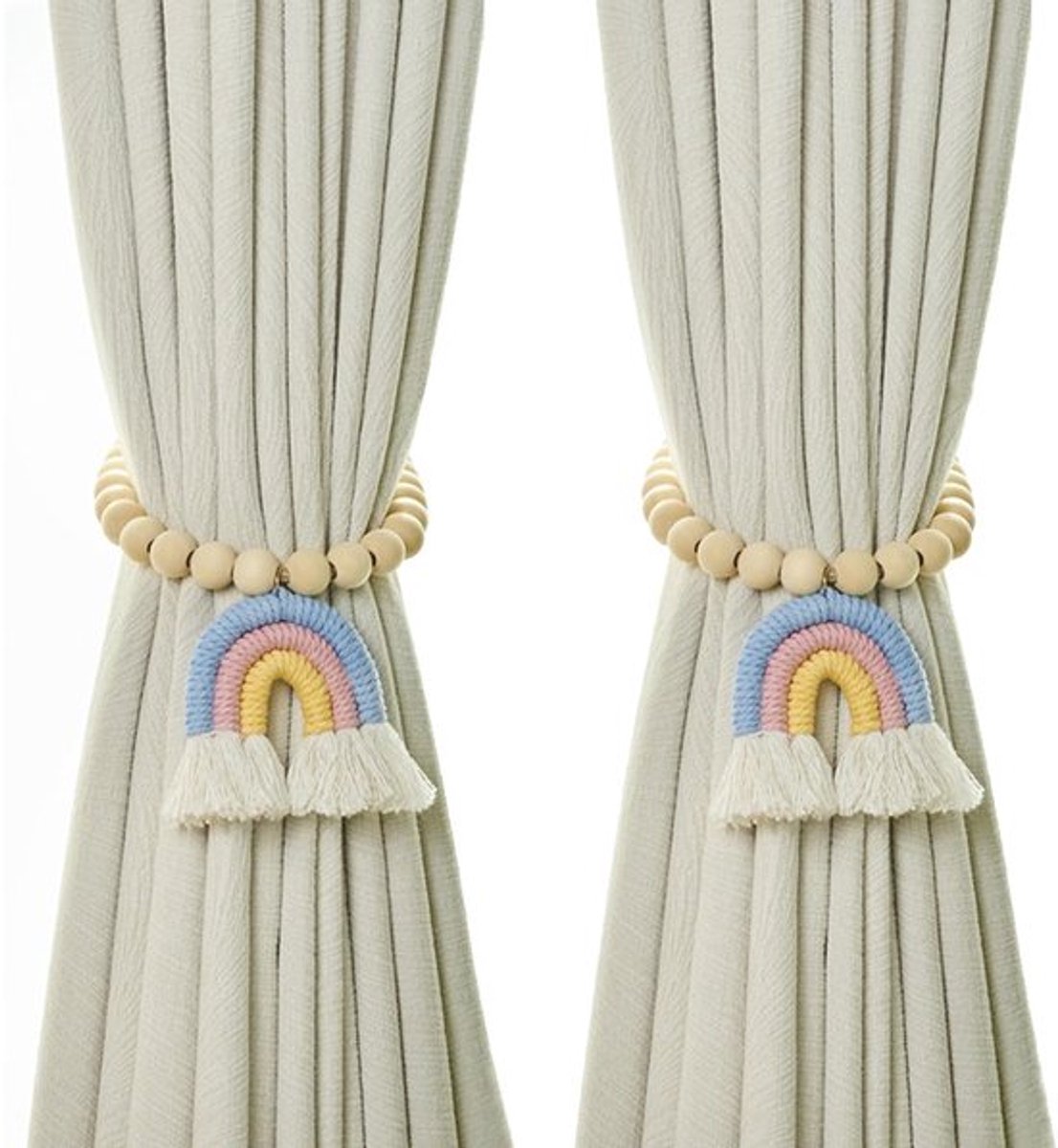 Embrasses met Regenboogkwasten - Magnetische Embrasses - Gordijn Clips - Decoratief - Natuurlijk Katoen - 2 Stuks - 26 x 2,7 cm - Gordijnclips