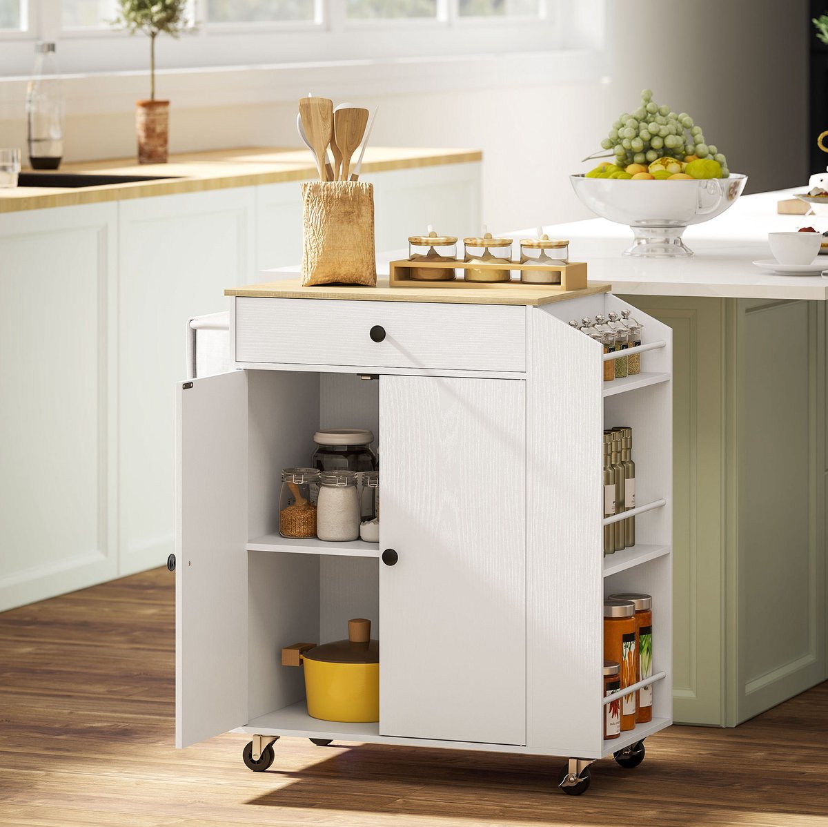 COVREO Keukenkast 82x38x86,5 cm – wit met werkblad, lade, 2 deuren en kruidenrek