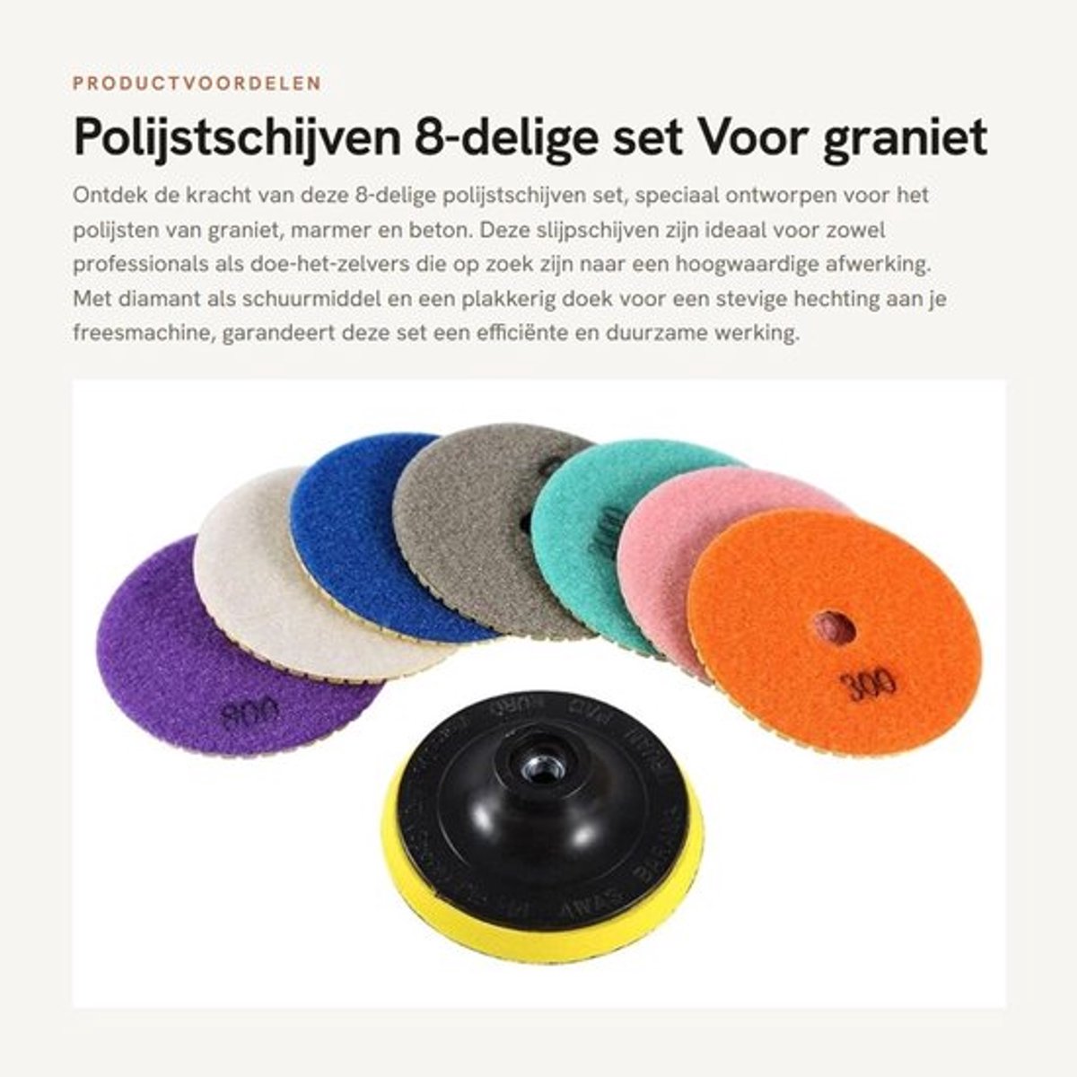 Polijstschijf 100 mm - 8-delig - Diamant - Voor graniet/marmer/beton - Renovatie - Inclusief kleefschijf - Slijpschijf