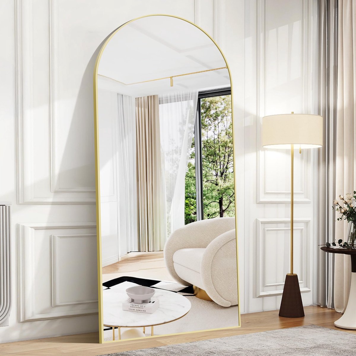 SnelShoppen - Staande Spiegel 180x86 cm - Gouden Volledige Lengte Gebogen Spiegel - Grote Vloer Wandspiegel met Stand voor Woonkamer, Slaapkamer en En