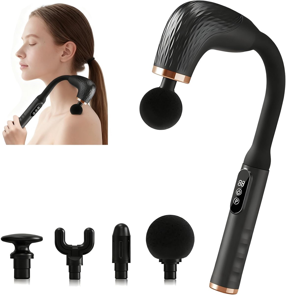 SnelShoppen - Massagepistool met Verlenggreep voor Diepteontspanning van Rug, Nek en Schouders - 6 Niveaus, 4 Massagekoppen, 2000 mAh, Stille Percussi