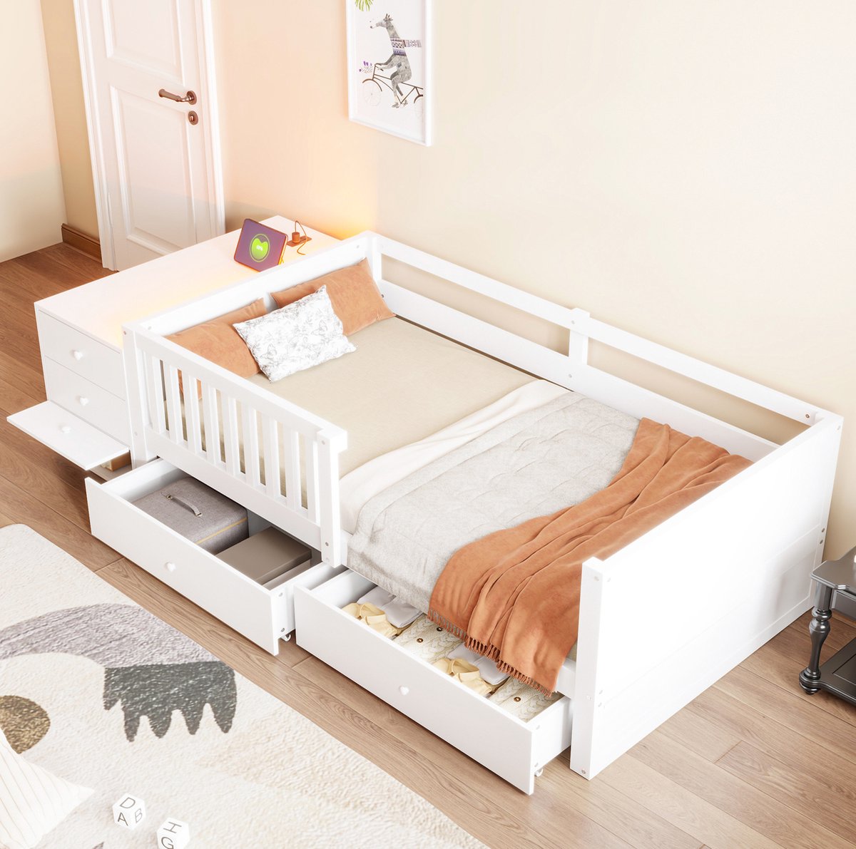 Kinderbed 90 x 200 cm - Hoogslaper Met Bureaufunctie, Stopcontact En Led - Met Opbergruimte En Dubbellades - Voor Kinderen - Wit - Zonder Matras
