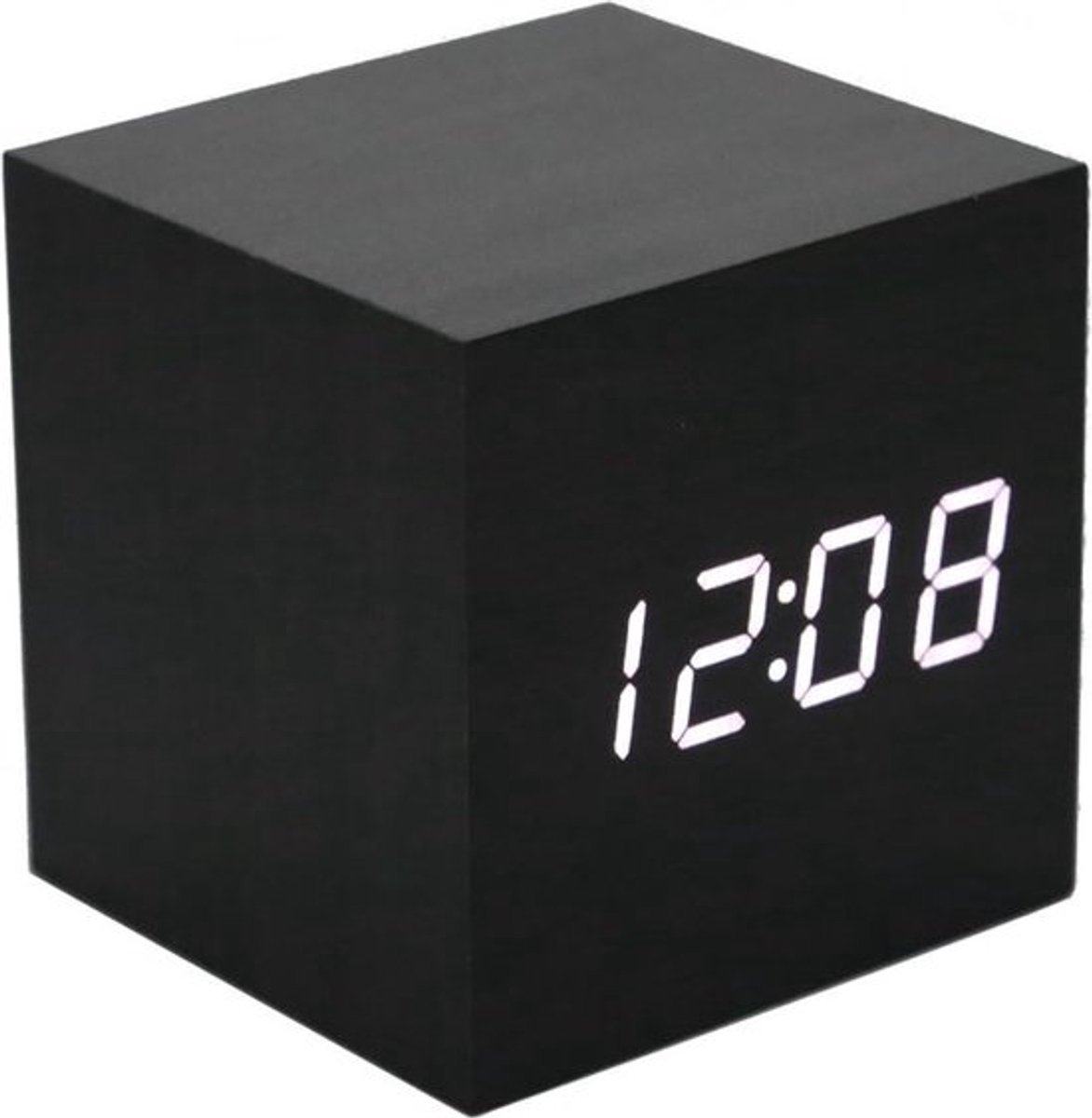 Plus - Digitale Wekker Houten Kubus met LED-Tijdkalender en Temperatuurweergave - Geluidsregeling - Intelligente Inductie - USB/Batterijvoeding - Thuiskantoor - Zwart/Wit.
