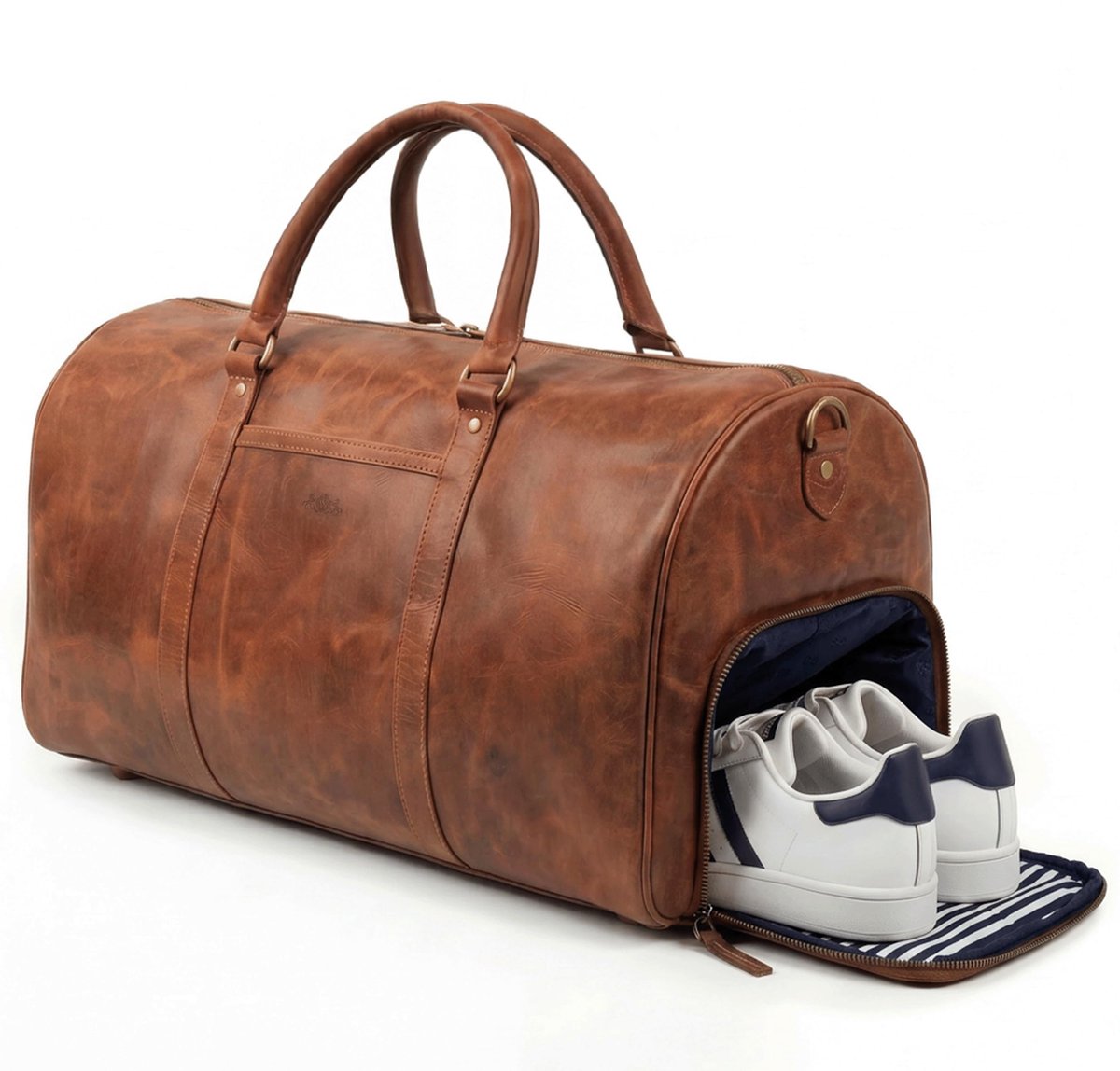 SnelShoppen - Grote reistas echt leer - Sporttas SKYLER groot - Weekender handbagage met schouderriem - Leren tas voor heren en dames - Bruin handgema