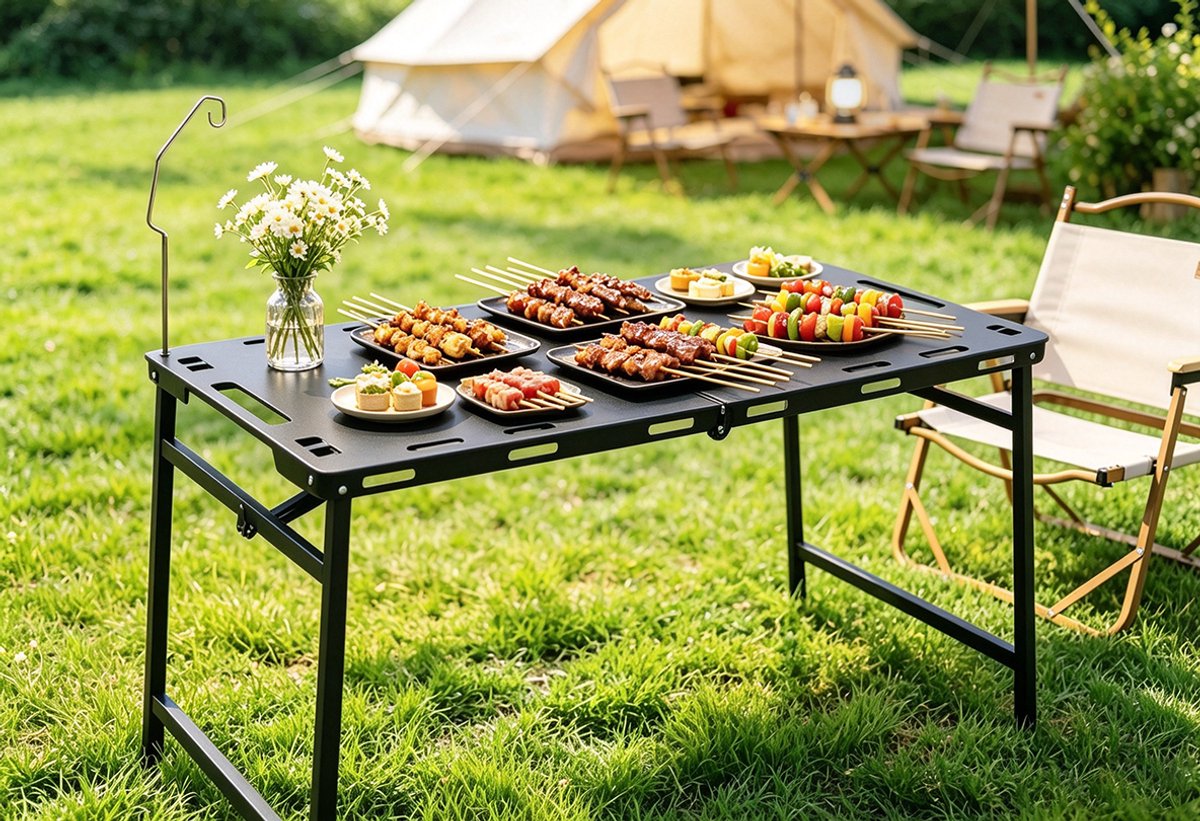 Draagbare opvouwbare metalen barbecuetafel 104x48x50 cm met grillrooster lichtgewicht campingtafel met handgrepen Geen montage nodig Geschikt voor buiten koken en grillen zwart