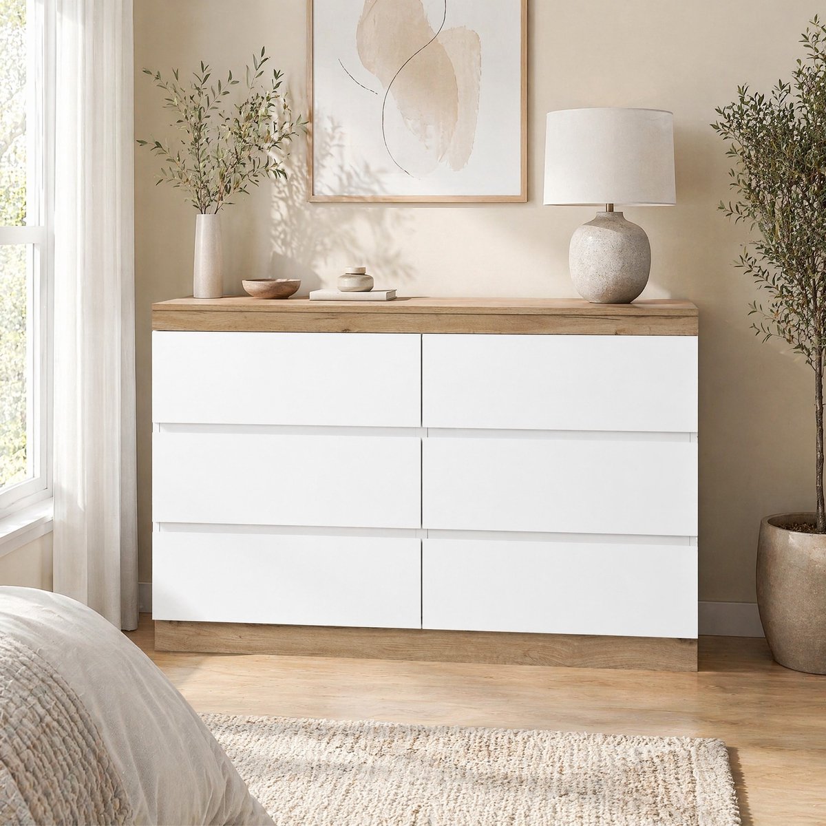 COVREO Dressoir 110 x 40 x 67,5 cm – wit en eikenlook, 6 lades opbergruimte