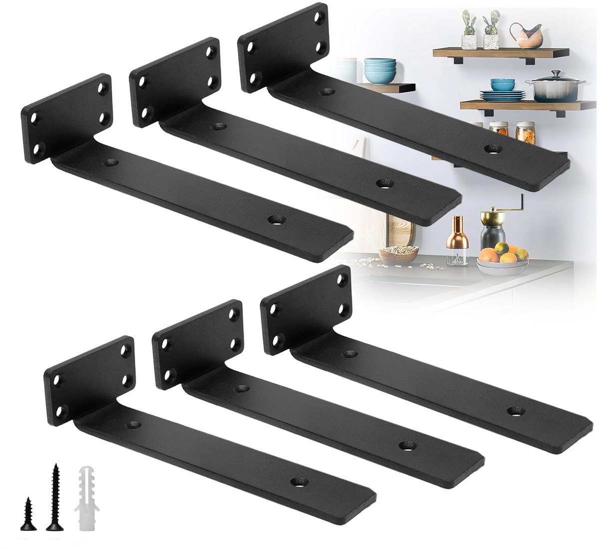 Plankdragers - Set van 6 - 20 cm - L-vormige muurbeugels - Driehoekige muurbeugels - Zware plankdragers - Zwart