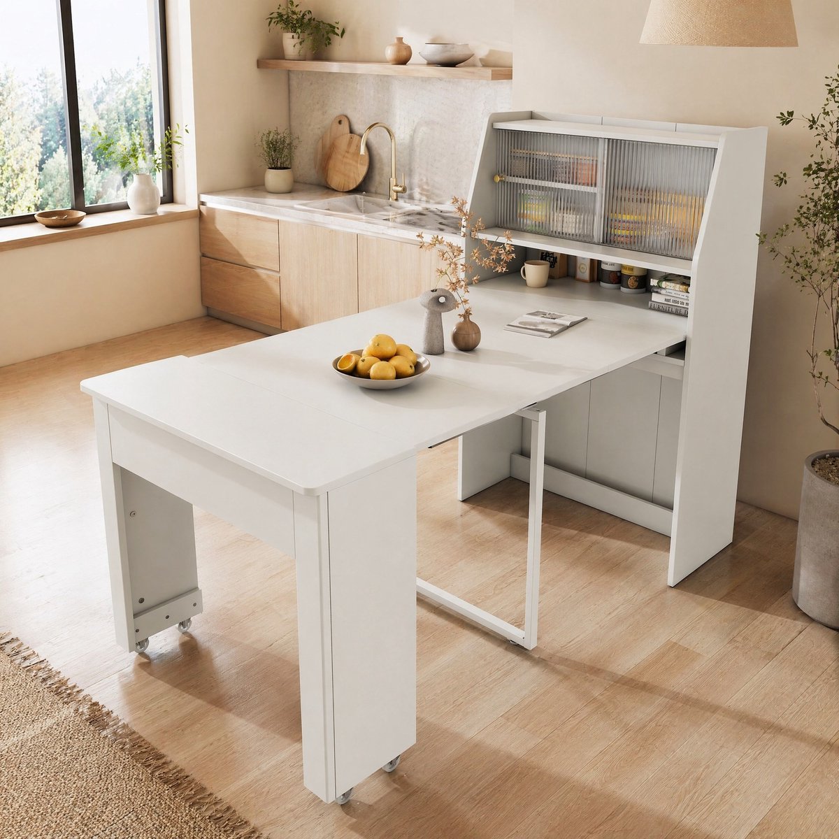 MEUNIQ uitklapbare eettafel met opbergruimte 132,5 x 80 x 120 cm, rechthoekig, wit, modern