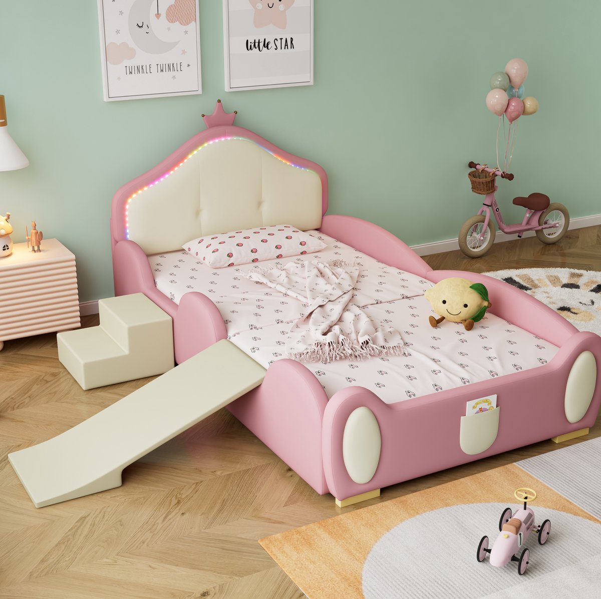 COVREO Kinderbed 90x200 cm - roze beige PU, LED-verlichting, met glijbaan en trap