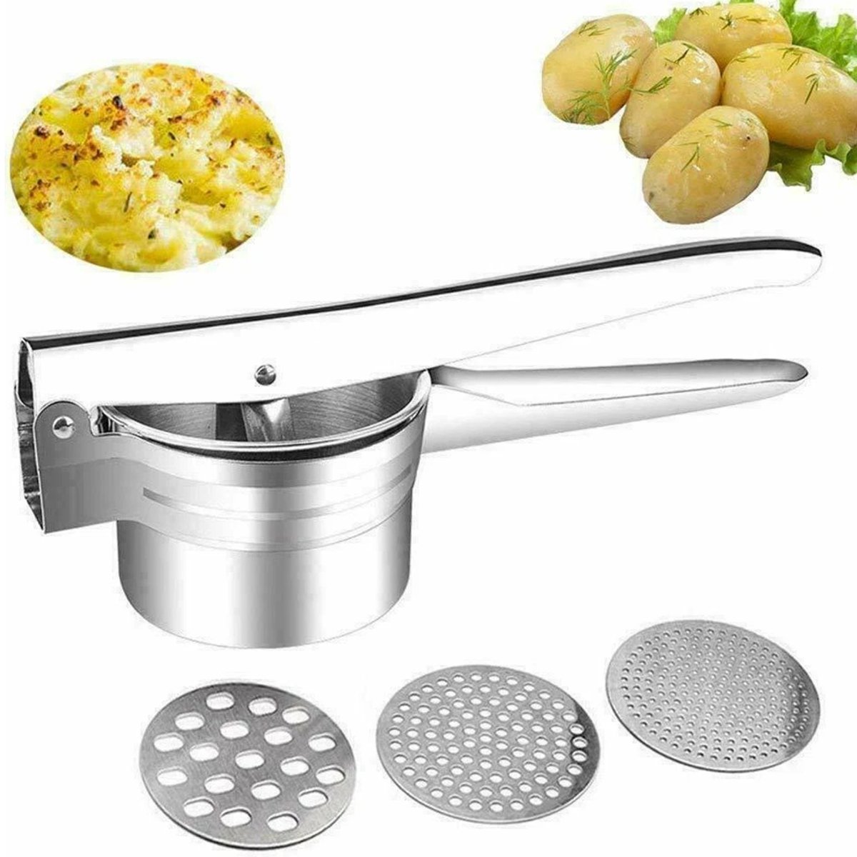 Aardappelstamper - Noedelstamper - Groentedroger - Aardappelpers - Groentepers voor huishoudelijk gebruik - Pastastamper - 3 geperforeerde stampers - Multifunctioneel - Roestvrij staal