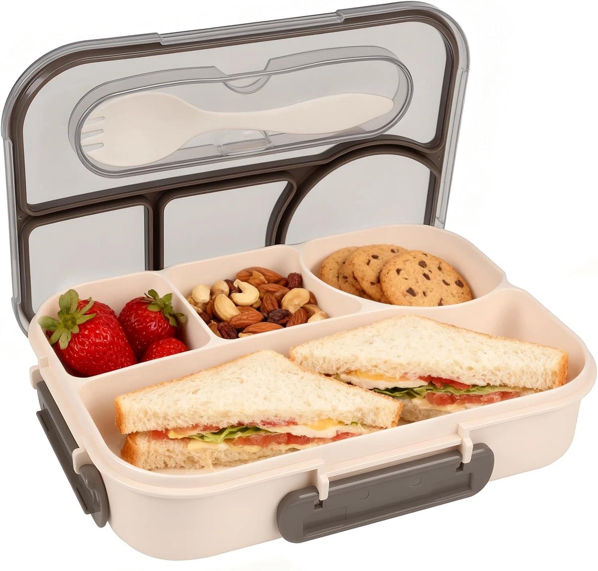 VHV - Bento Box 1100 ml - Lunchbox met 4 Vakken, Lekvrij Deksel en Vork - Magnetron- en Vaatwasserbestendig - Beige