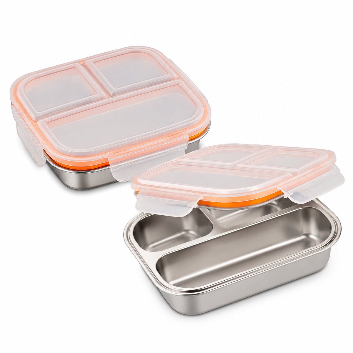VHV - Snackbox Set van 2 - RVS Broodtrommel met 3 Vakken, 2 x 600 ml en Lekvrij Deksel - Voor School en Werk - Oranje