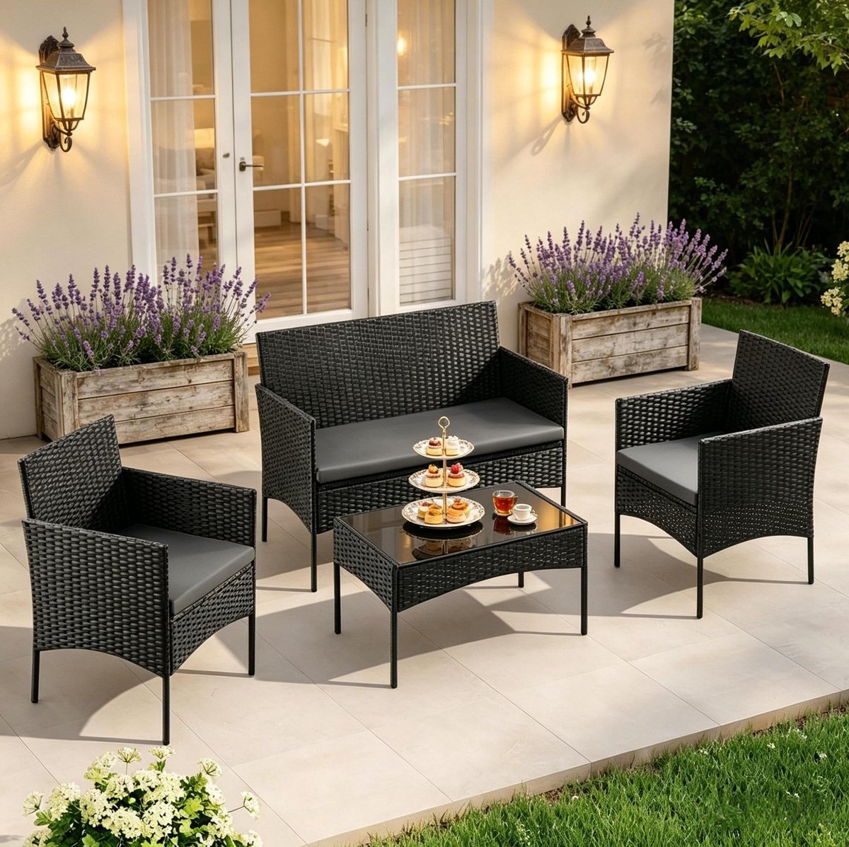 STILVORA Loungeset 4-Delig - 4 Zitplaatsen Met 2-Zitsbank, 2 Fauteuils En Tafel - Voor Tuin, Balkon En Terras - PE-Rattan Zwart