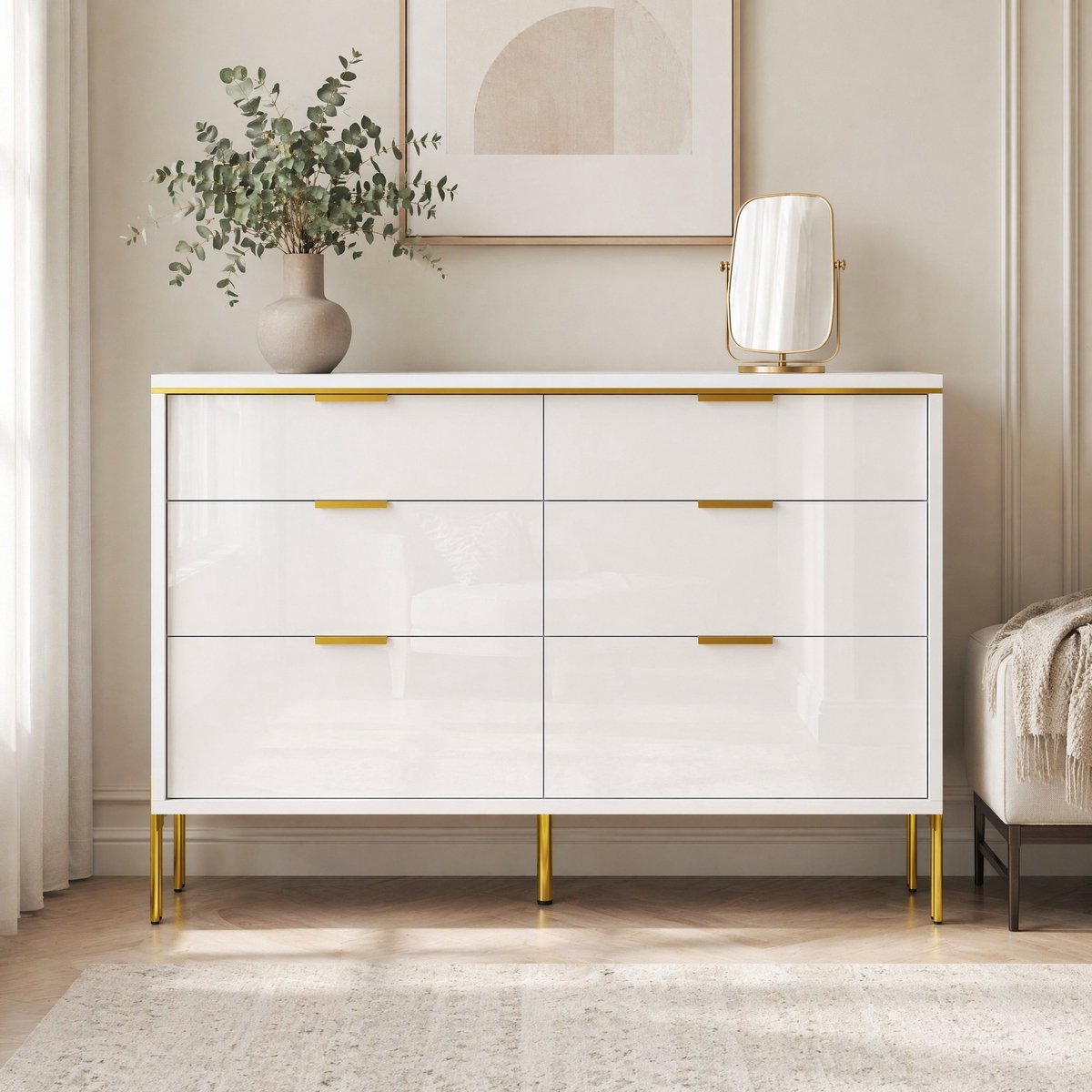 COVREO Dressoir 120 x 40 x 85,5 cm – wit met 6 lades, hoogglans fronten