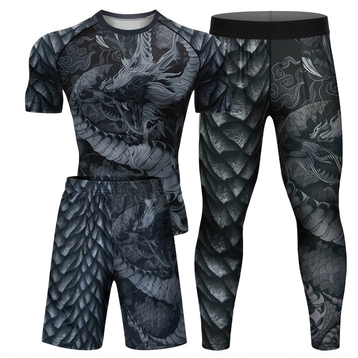 Gemengde kleur compressie sport set heren maat M 3 delig met draak print – sport shirt, sport short en compressie legging voor fitness, hardlopen, training en vechtsport
