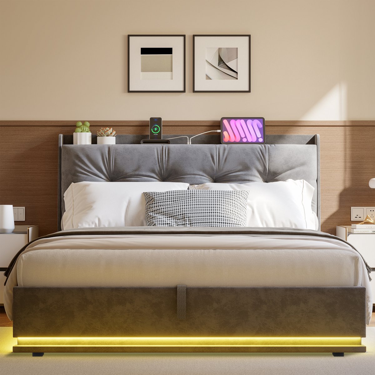 SHOPENTRA Opbergbed 160x200 cm Grijs Fluweel – Hydraulisch Gestoffeerd Bed met LED Hoofdbord, USB & Type-C Poorten, Grote Opbergruimte en Lattenbodem