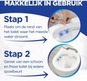 Instructies voor Witte Reus toiletblokken: stap 1 plaats op de rand, stap 2 geniet van een schoon en fris toilet.