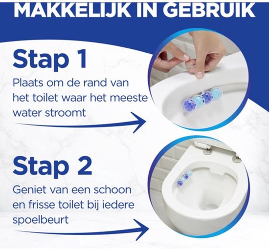 Instructies voor Witte Reus toiletblokken: stap 1 plaats op de rand, stap 2 geniet van een schoon en fris toilet.
