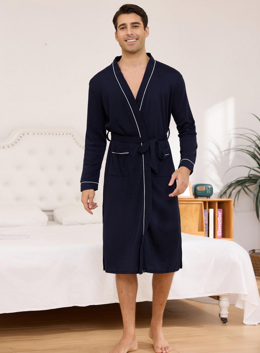 SnelShoppen - Luxe Donkerblauwe Heren Badjas Wafel Badjassen Zacht Lichtgewicht Huisjas XL met Grote Zakken en Riem voor Thuis, Sauna of Wellness