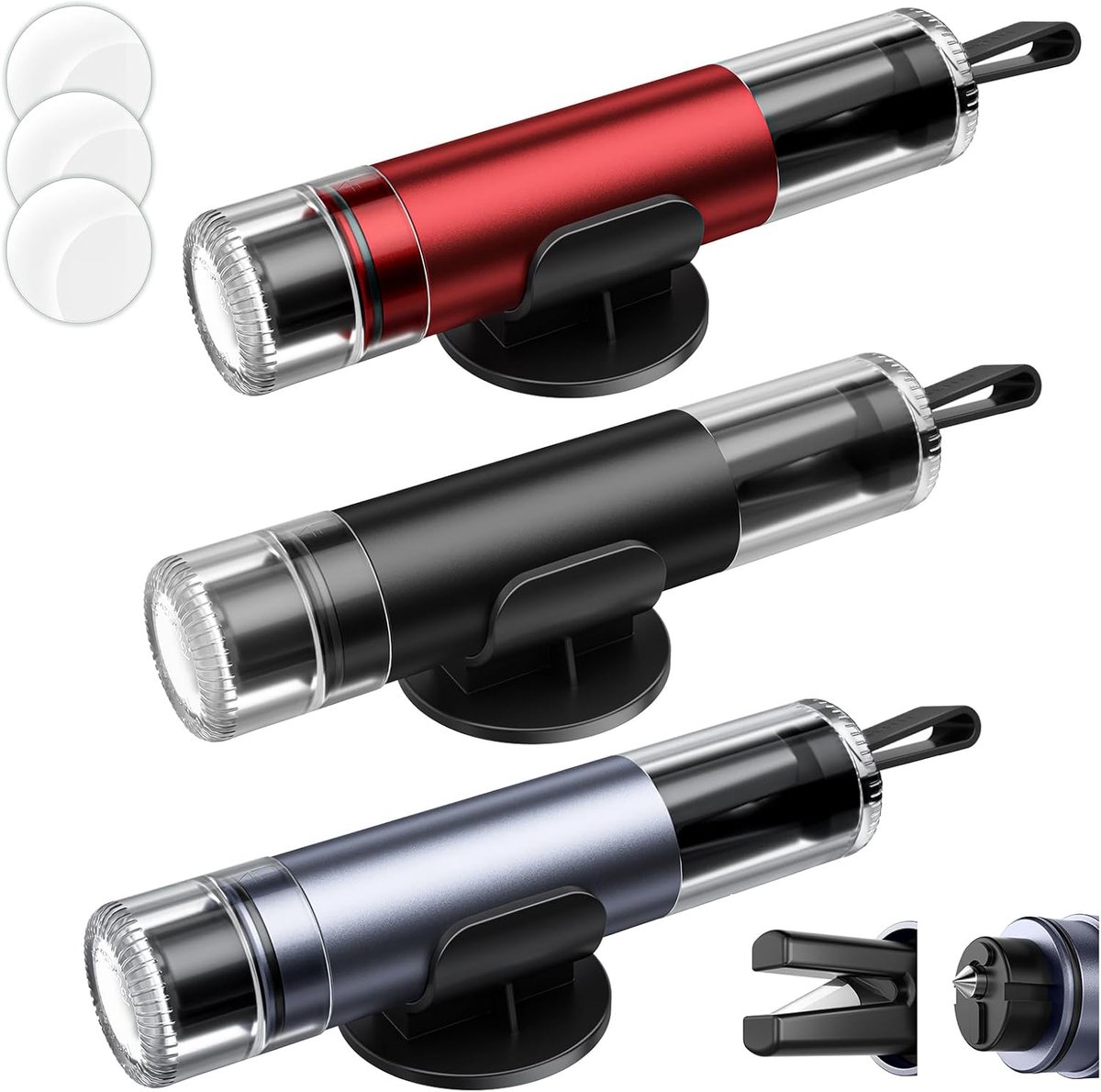 2 in 1 Veiligheidshamer Auto - Set van 3 - Ruitenbreker & Gordelsnijder - Noodhamer - Inclusief Testglas & Zelfklevende Houder - Draagbare Noodgereedschap - Veilig Onderweg - Rood / Zwart / Grijs - SOLLBRY®