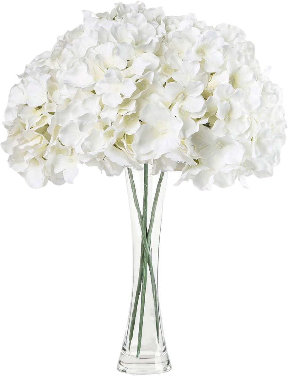 SnelShoppen - 3 Stuks Kunstmatige Hortensia's van Zijde met Steel, 16 cm, Realistische Kunstbloemen in Wit voor Bruidsboeket, Bloemstuk, Huis, Tuin, T