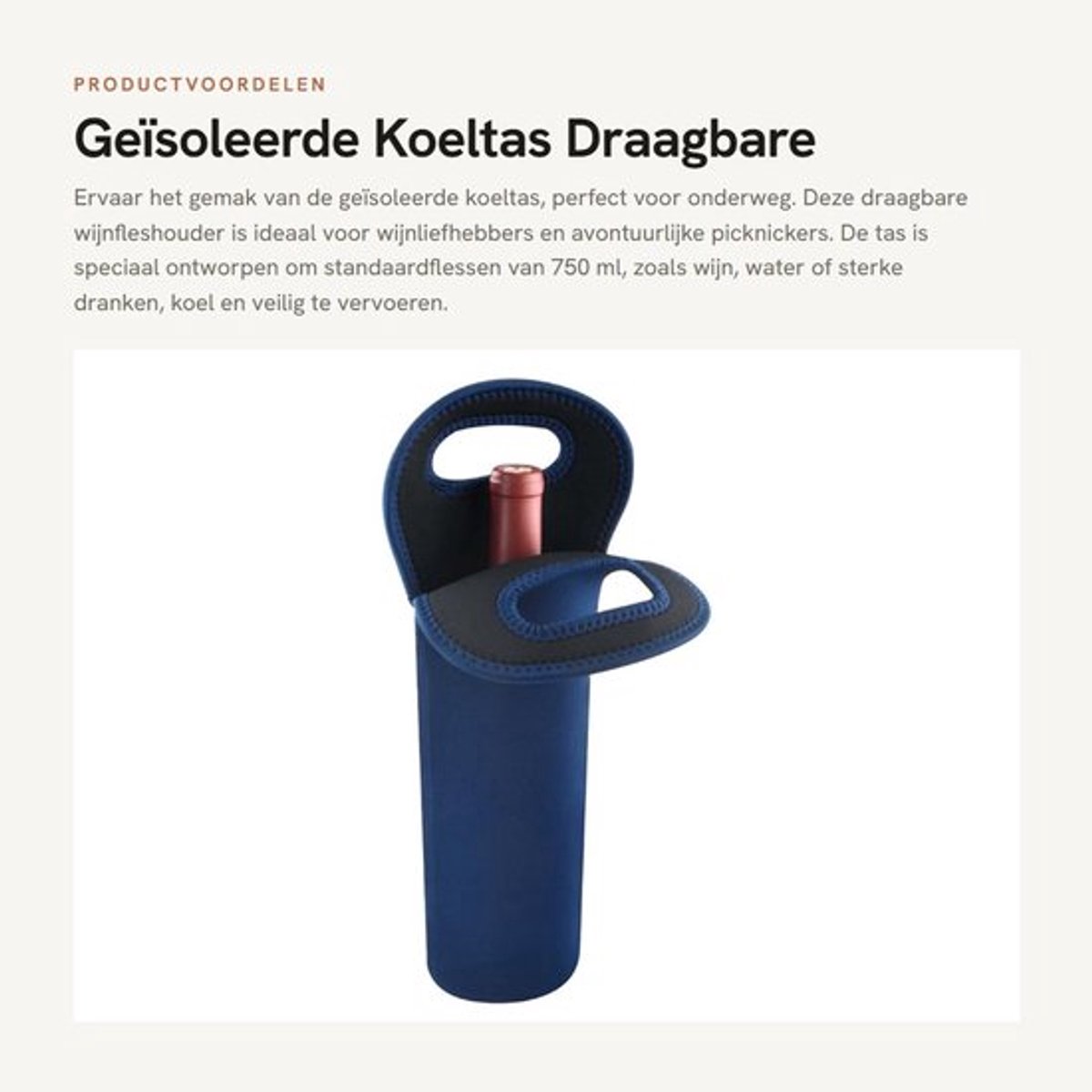 Koeltas Waterdicht - Draagbare Neopreen Fleshouder - Geschikt voor 750 ml - Picknicktas - Zachte Handvatten - Koelfunctie - Wijnfleshouder