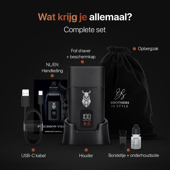 Completeset van een zwarte foil shaver met display, oplader, USB-C kabel, handleiding, borsteltje, onderhoudsolie en opbergzak. "Brothers in Style" logo.