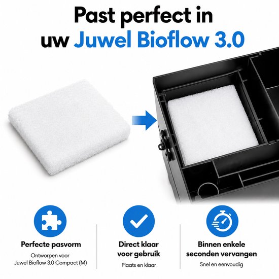 Een witte filterwat is geplaatst in een zwart aquariumfilter compartiment. Pijl toont de plaatsing.