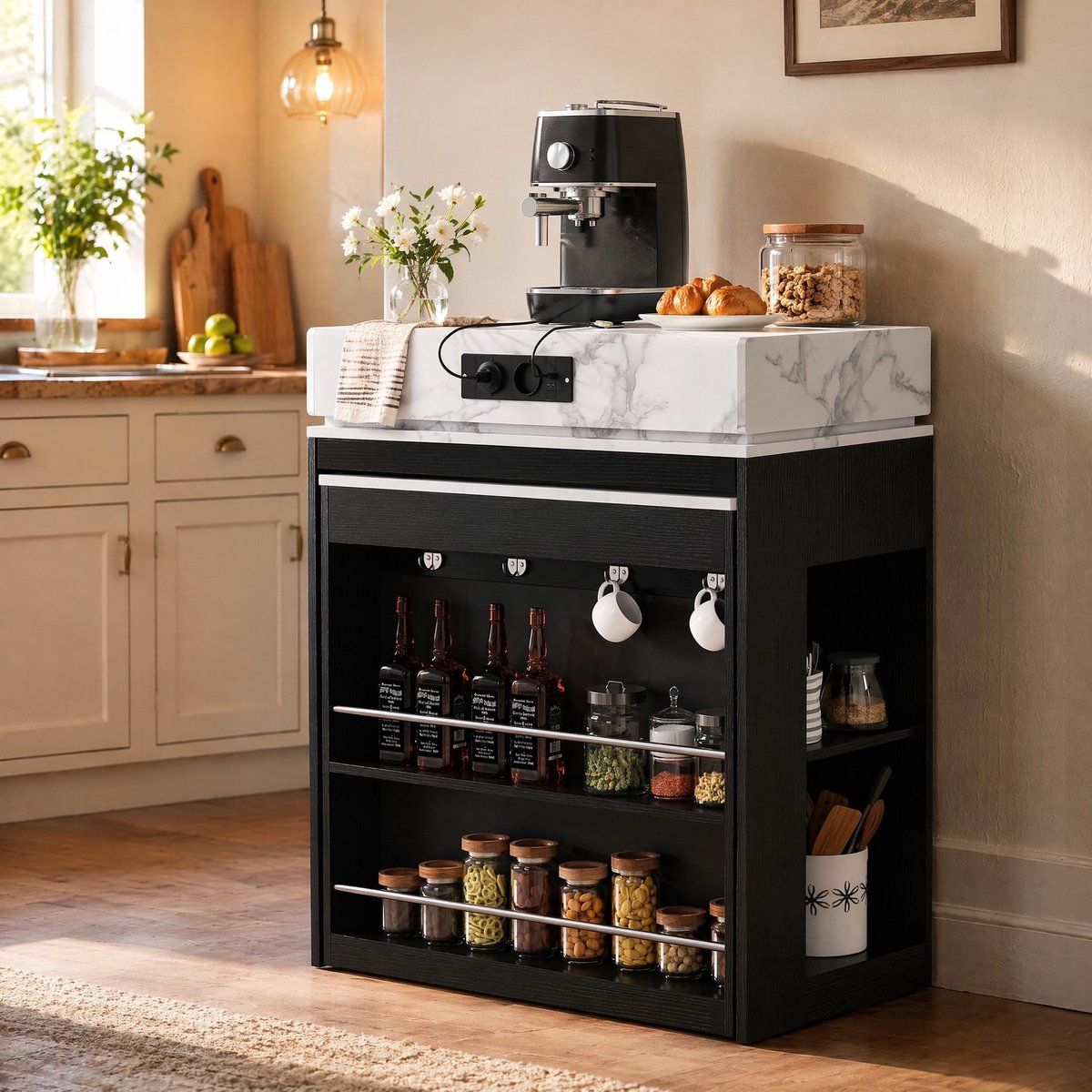 MEUNIQ uitklapbare keukeninsel en eettafel 83 x 46 x 96 cm met opklapbaar tafelblad, stopcontact, opbergruimte en zwarte afwerking Black