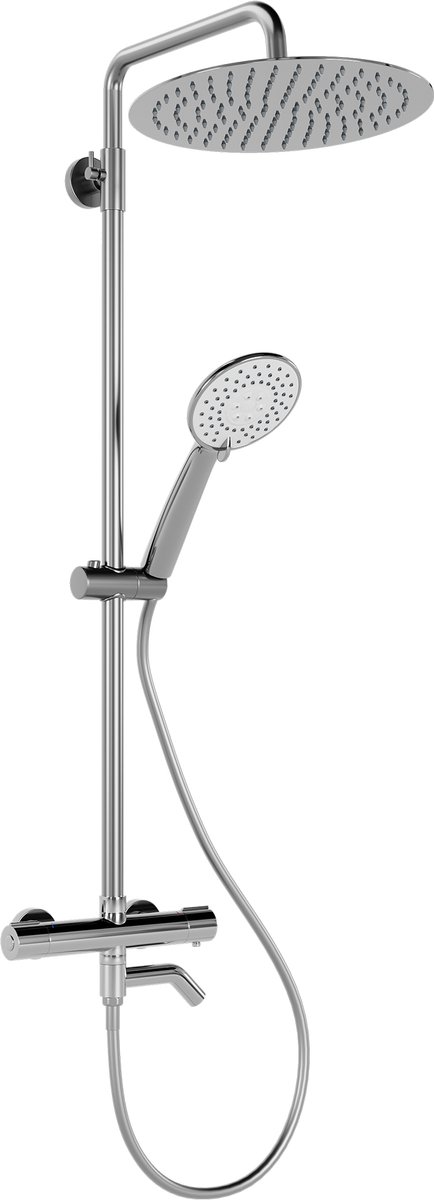 Thermostatische douchemengkraan complete set – roestvrij staal 304, veiligheidsknop voor 38°C, hoogteverstelbare doucherail, handdouche met 3 functies, 250 mm regendouche, 1,5 m slang, chroom, eenvoudige montage