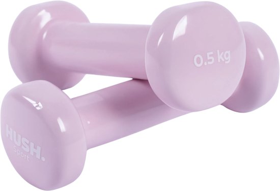 Twee roze HUSH Sport dumbbells van 0,5 kg op een witte achtergrond.