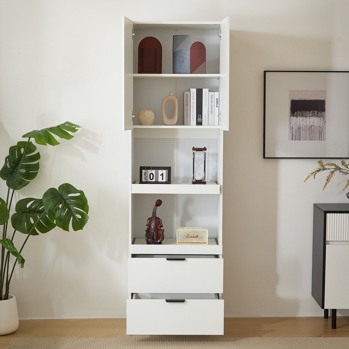 COVREO Keukenkast 59,5 x 45 x 200 cm - wit, MDF, 2 open schappen en 2 lades