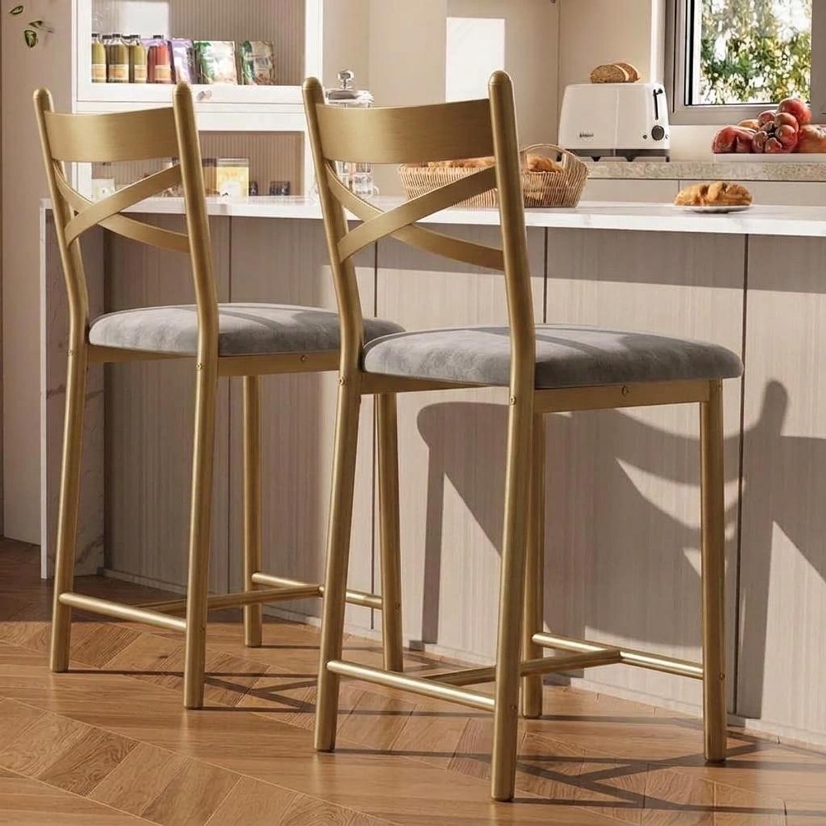 Moderne set barstoelen – gestoffeerde stoelen voor aanrecht hoogte met rugleuning en dikke PU-leder zitting, robuust zwaar belastbaar metalen frame, geschikt voor keukeneiland, eetkamer, bistro en restaurant, vintage zwart en goud
