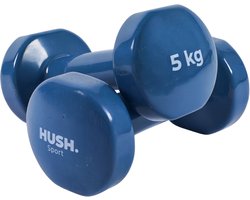 HUSH Sport - Dumbbells set 2 x 5 kg donkerblauw - vinyl coating met antislip grip - gietijzer - handig 6-hoekig design - geschikt voor krachttraining & fitness