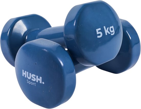 HUSH Sport - Dumbbells set 2 x 5 kg donkerblauw - vinyl coating met antislip grip - gietijzer - handig 6-hoekig design - geschikt voor krachttraining & fitness