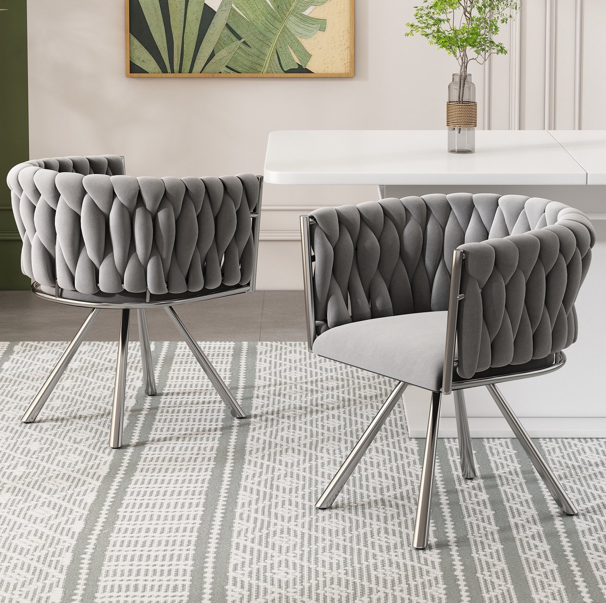 MEUNIQ Set van 2 grijze fluwelen draaibare kuip-eetkamerstoelen met metalen vierpoot, armleuningen en moderne uitstraling voor eetkamer en woonkamer